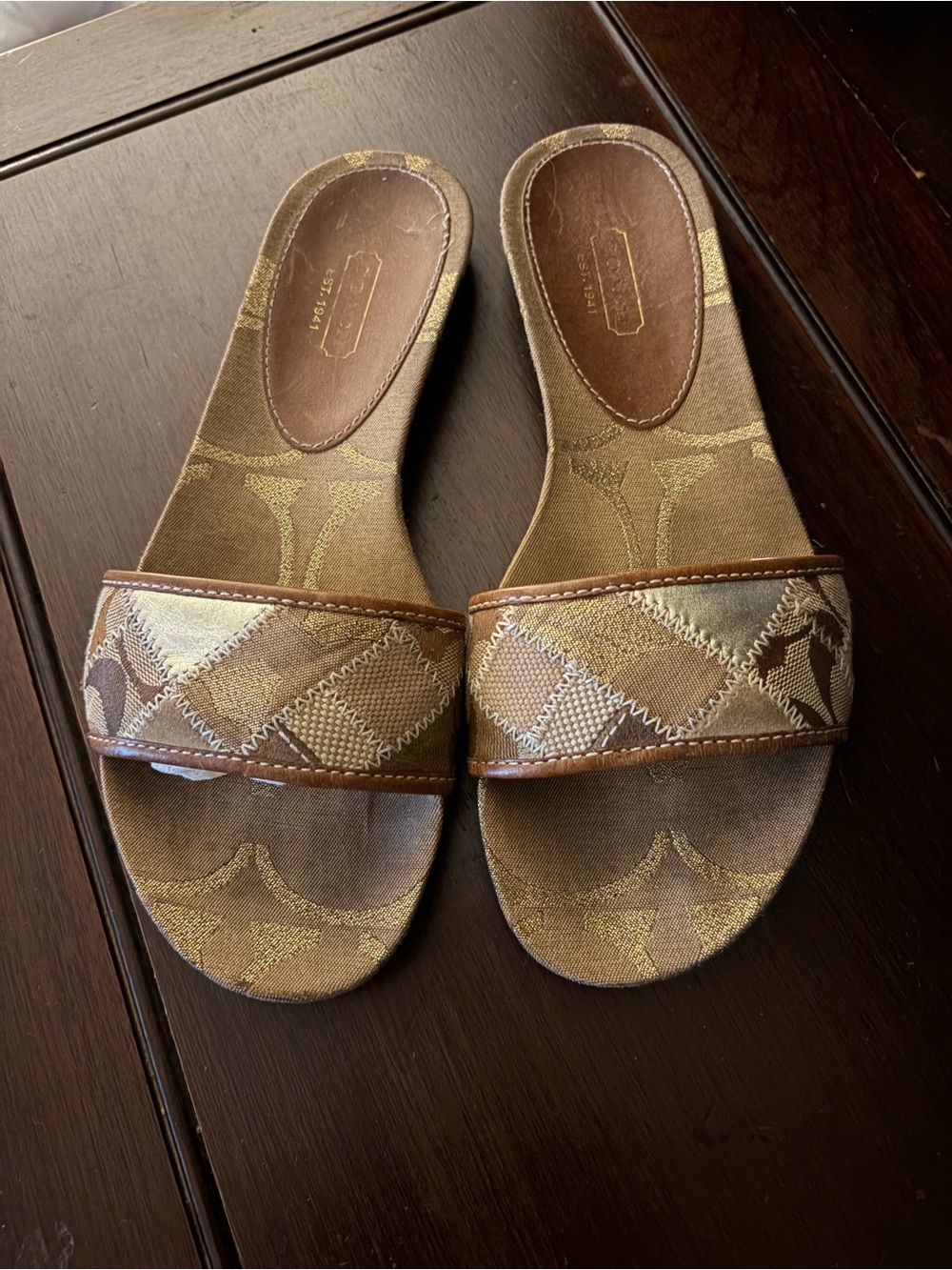 Coach Slides Signature Logo Tan and Gold